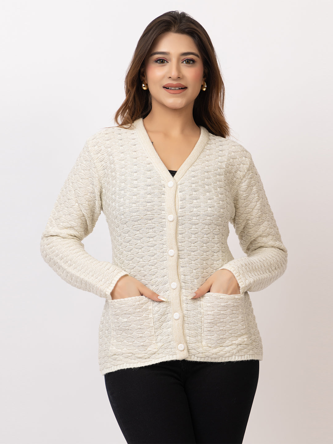 2384 White V neck Cardigan winter wear TWENTY ME