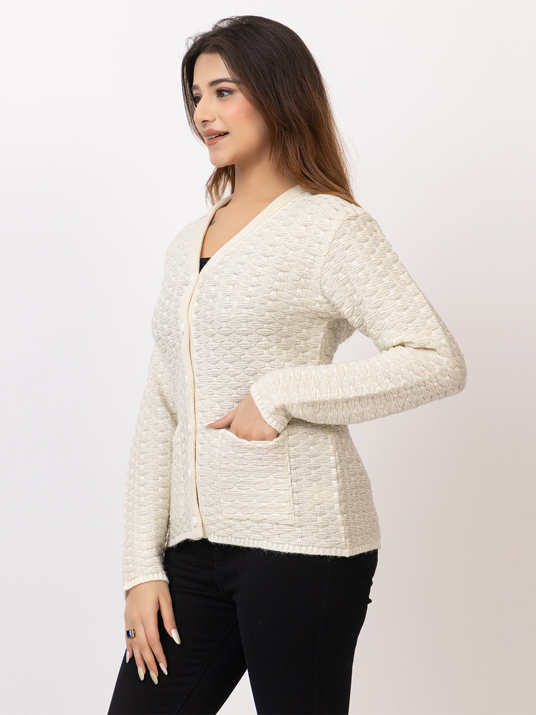 2384 White V neck Cardigan winter wear TWENTY ME