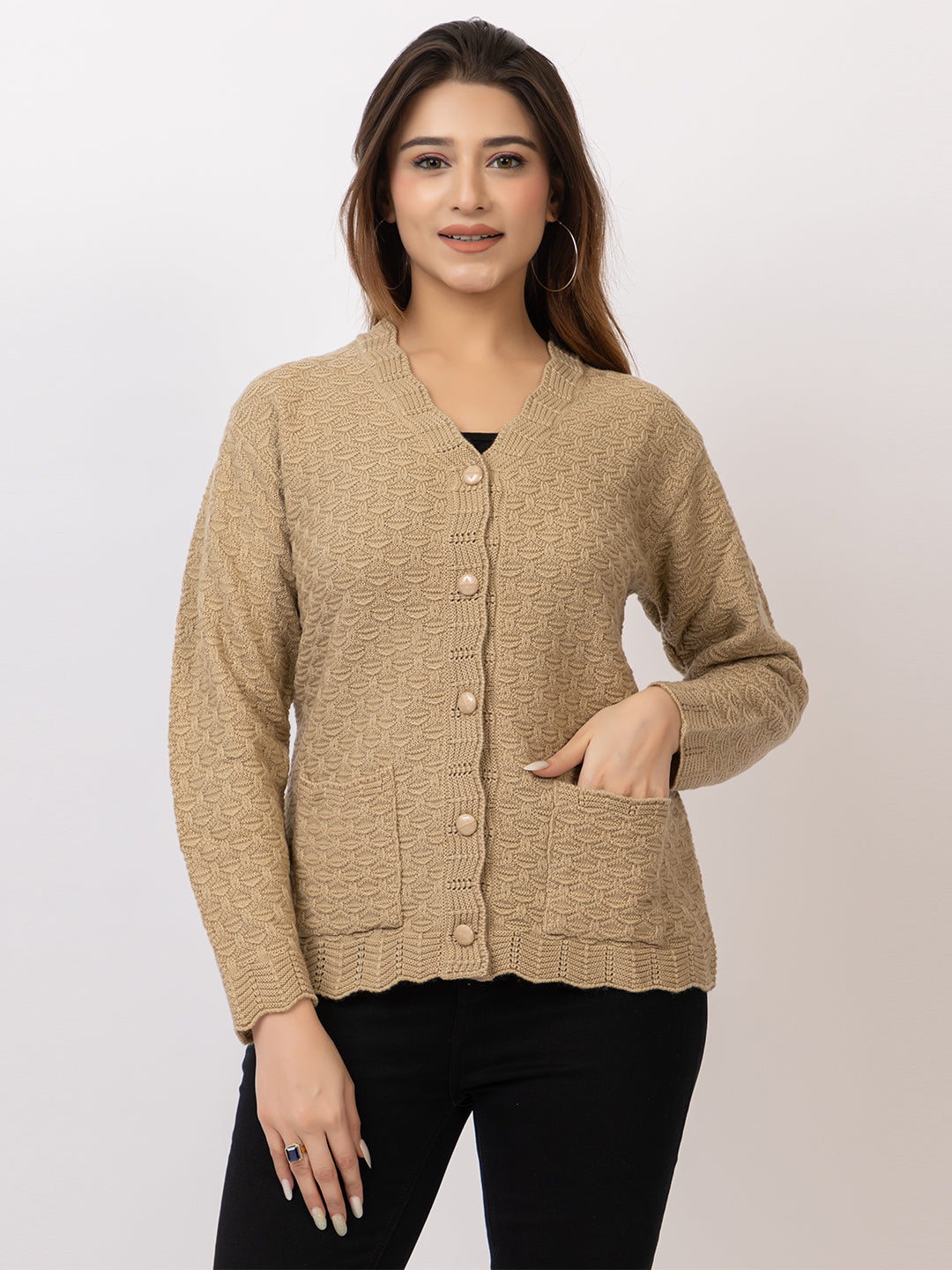 2402 Beige V neck Cardigan winter wear TWENTY ME