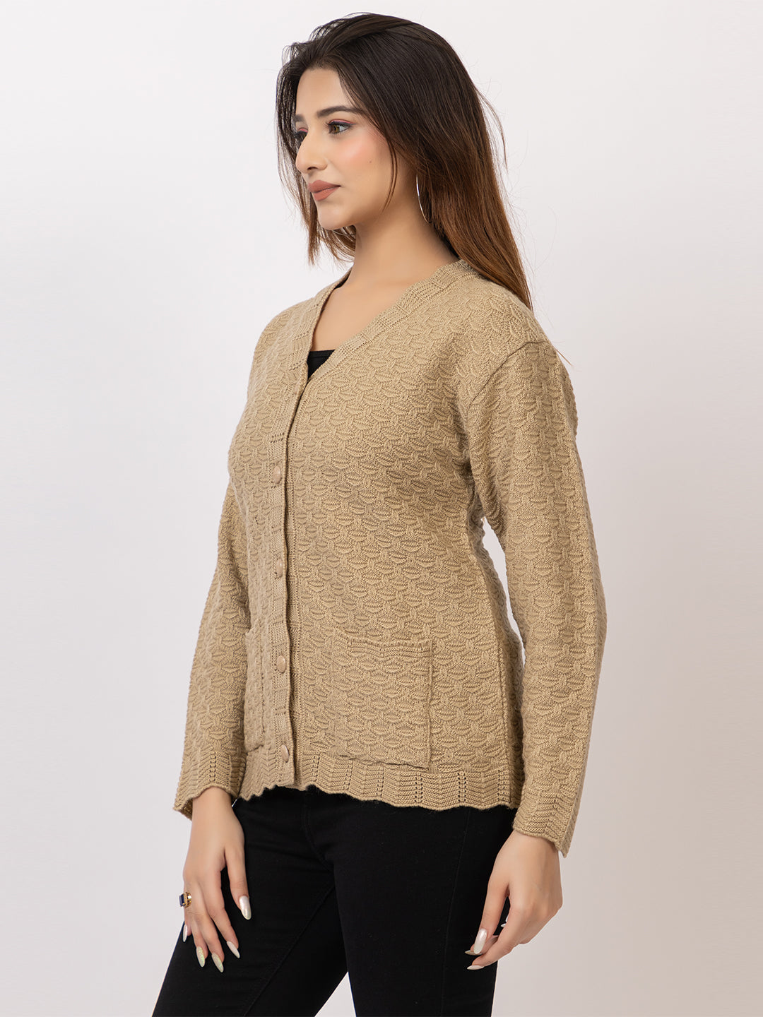 2402 Beige V neck Cardigan winter wear TWENTY ME