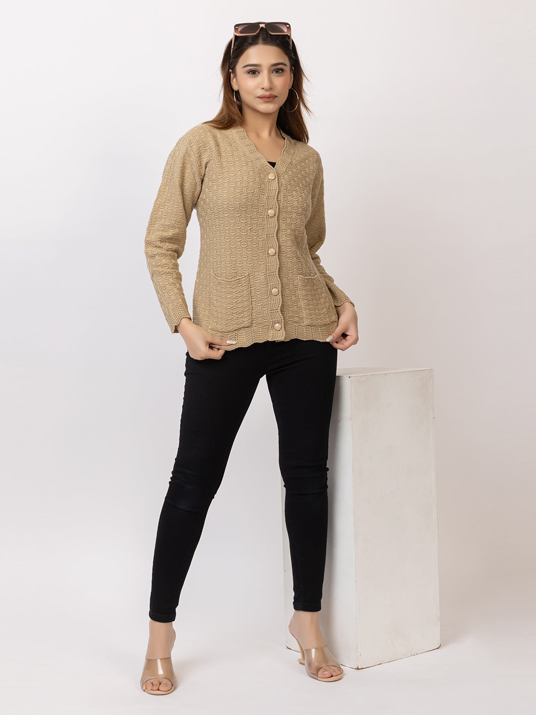 2402 Beige V neck Cardigan winter wear TWENTY ME