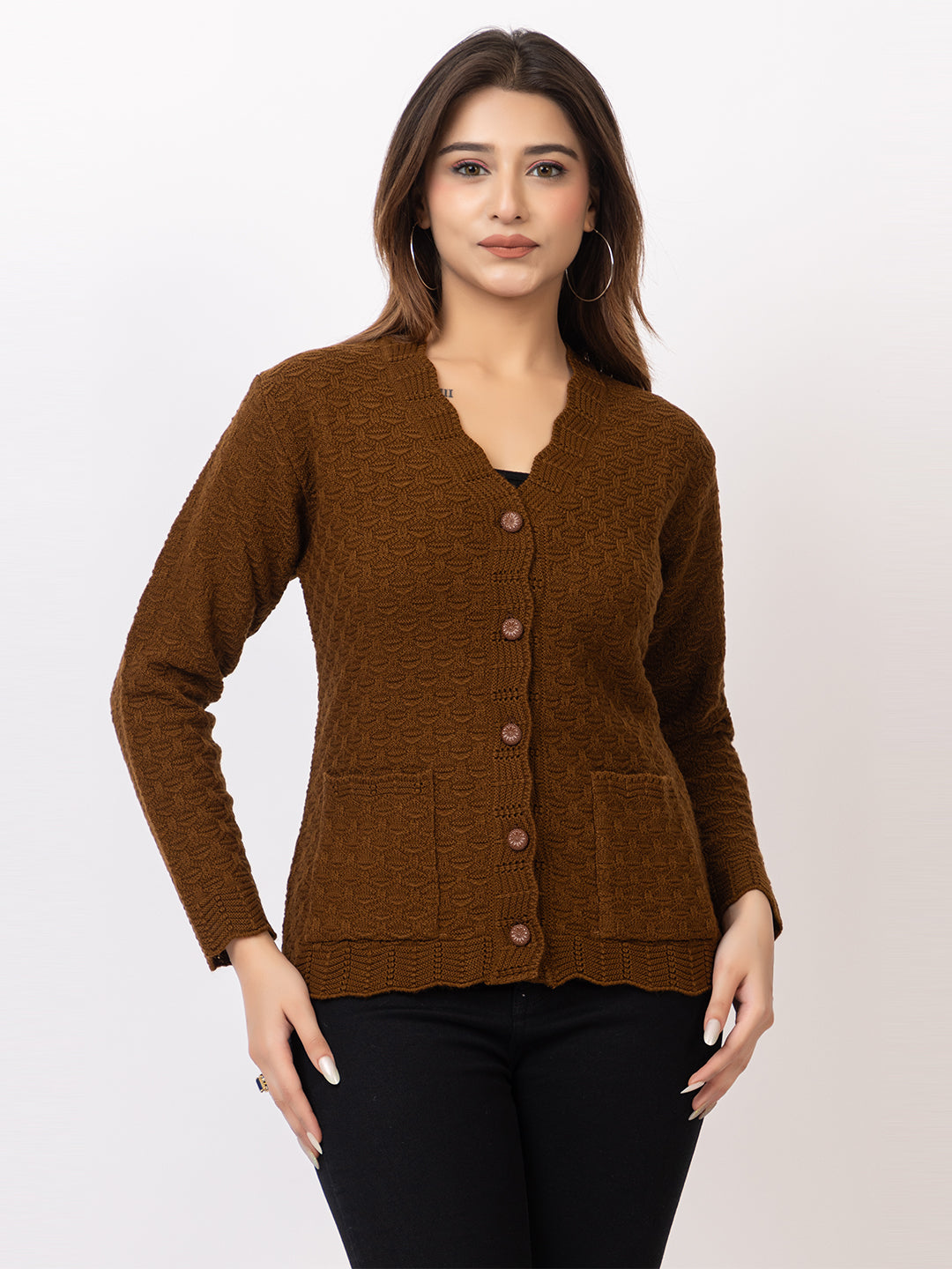 2402 Brown V neck Cardigan winter wear TWENTY ME