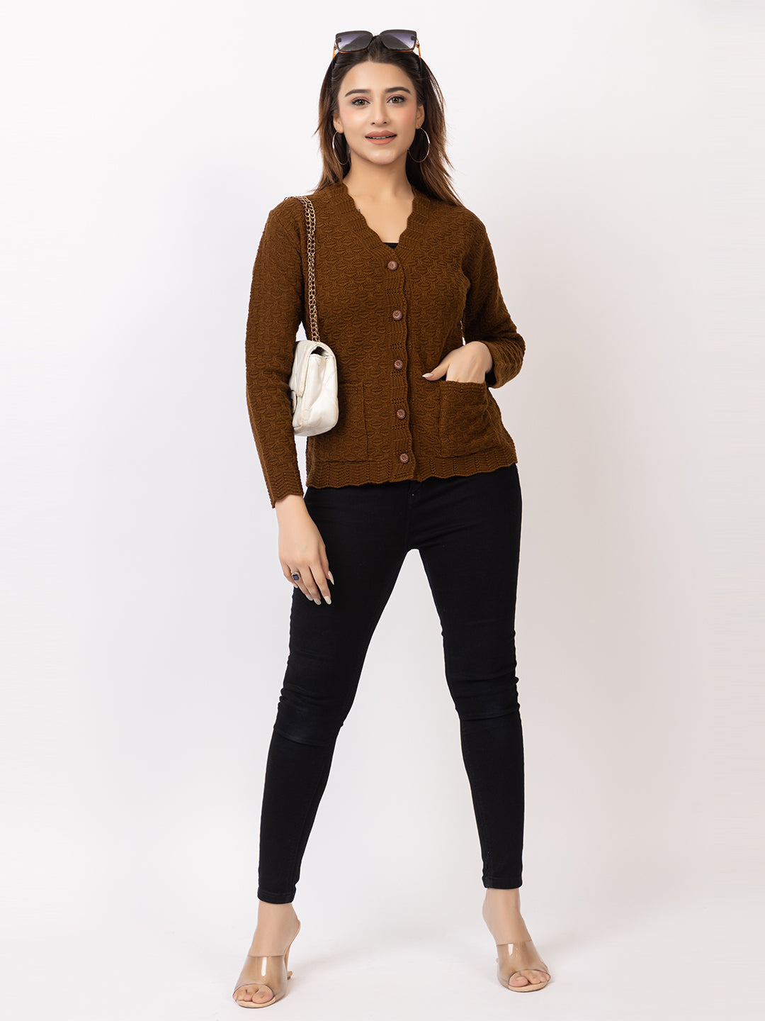 2402 Brown V neck Cardigan winter wear TWENTY ME