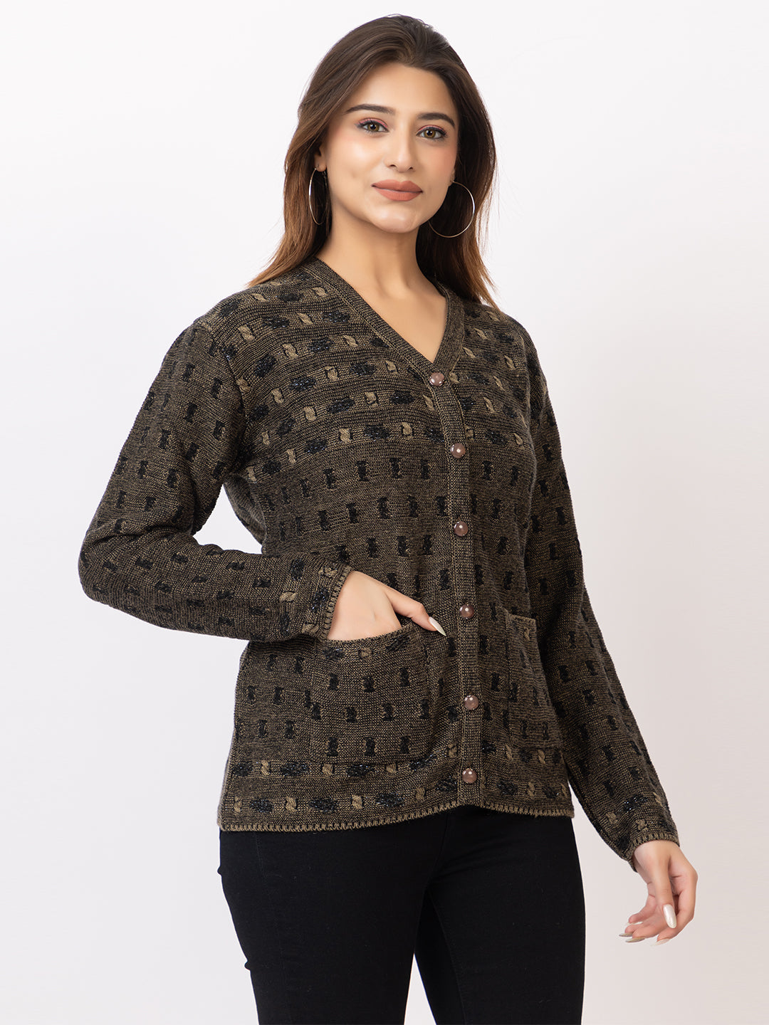 2393 Brown V neck Cardigan winter wear TWENTY ME