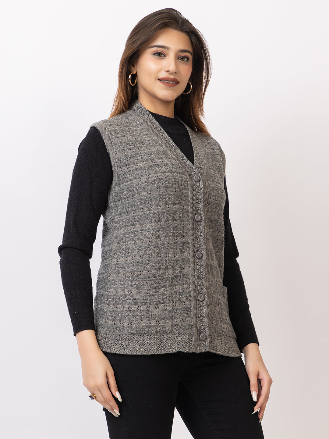 1269 Grey Sleeveless V Neck Cardigan Winter Wear TWENTY ME