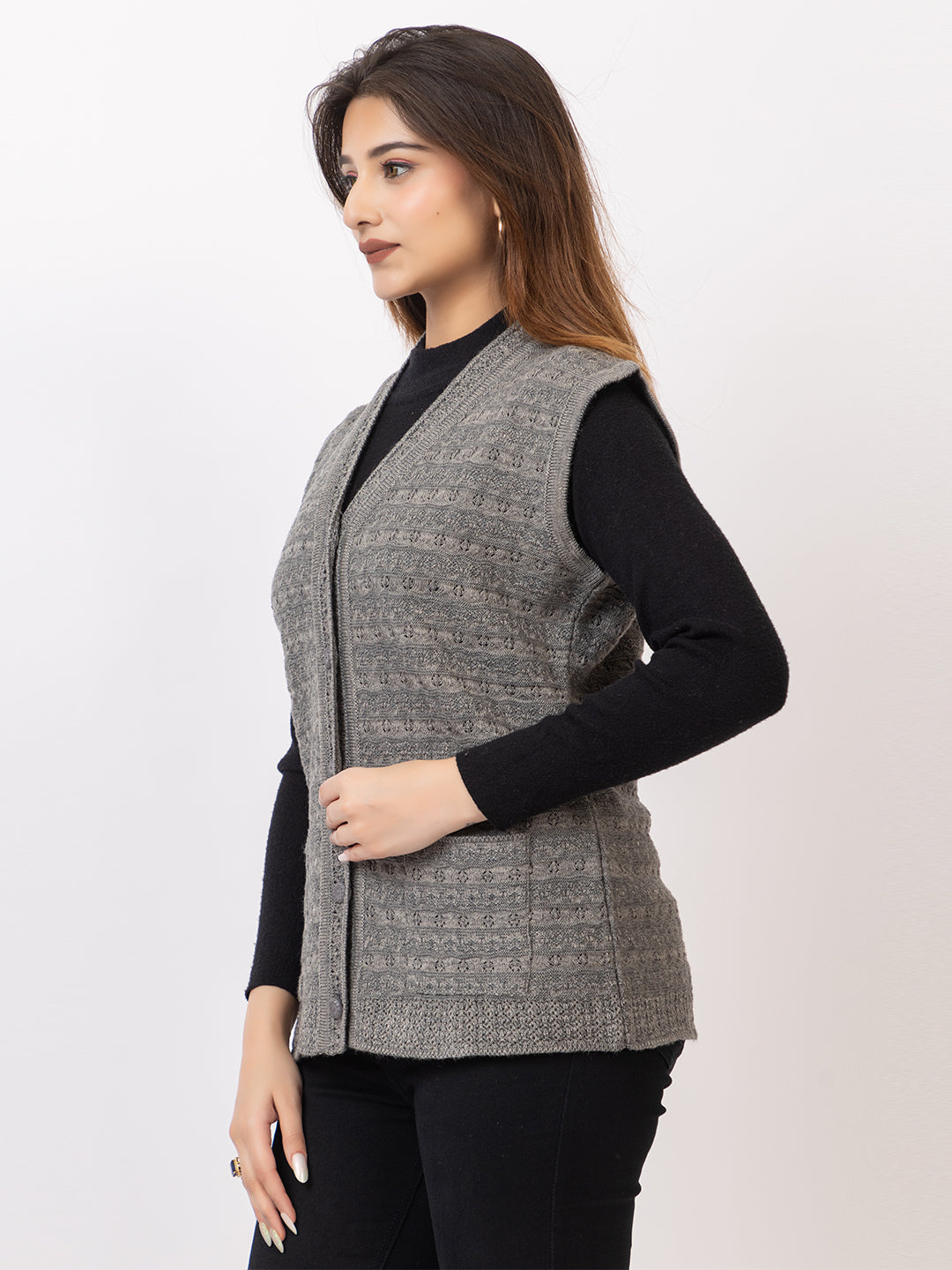 1269 Grey Sleeveless V Neck Cardigan Winter Wear TWENTY ME