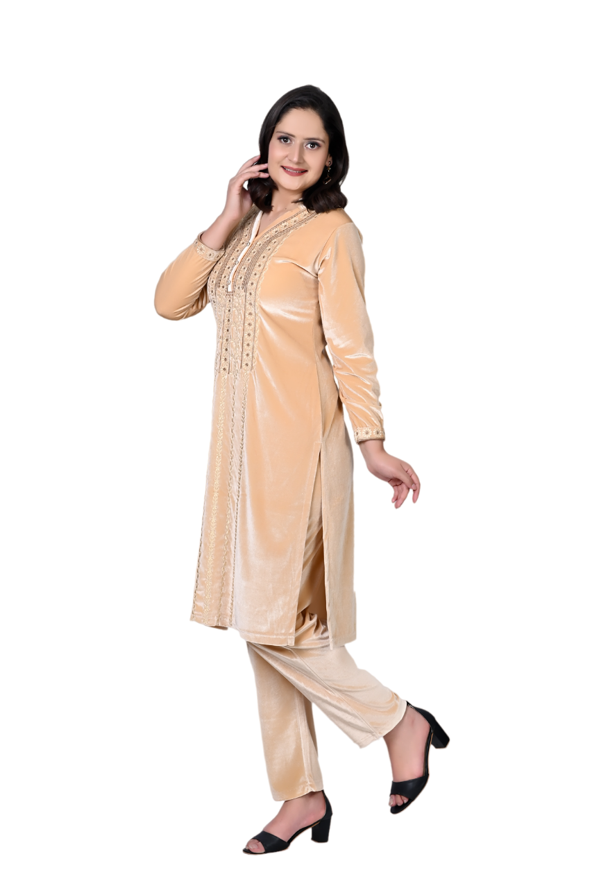 5760 Beige Self Design Acrylic Wool Women's Kurti Set TWENTY ME