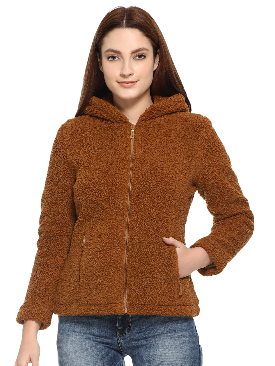 8048 Brown Full Sleeve Hooded With Zip Women's Jacket Winter Wear TWENTY ME