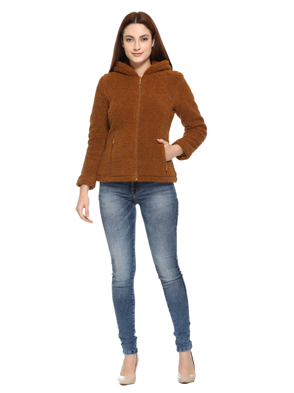 8048 Brown Full Sleeve Hooded With Zip Women's Jacket Winter Wear TWENTY ME