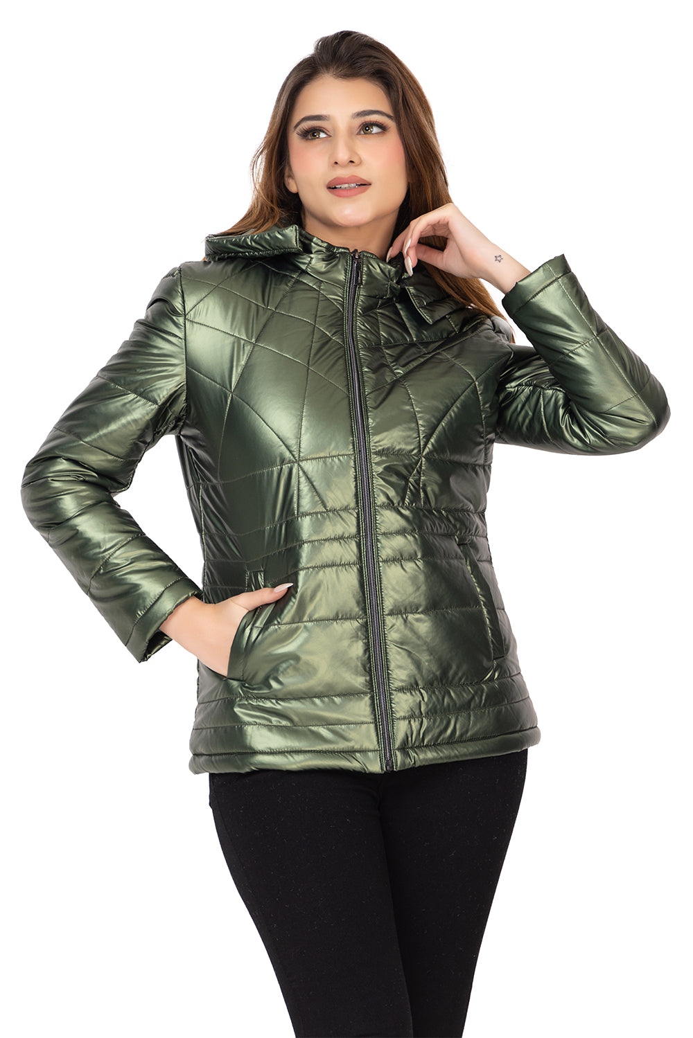 8053 Mettalic Green Zip-Front Jacket with Zipper Pocket Twenty Me