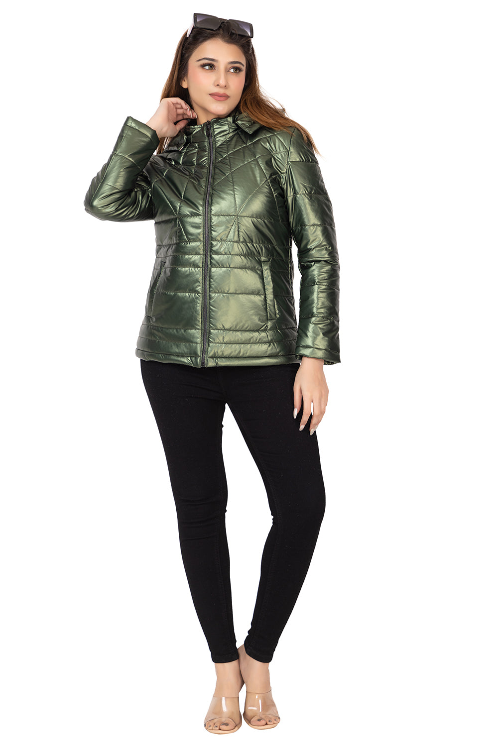 8053 Mettalic Green Zip-Front Jacket with Zipper Pocket Twenty Me