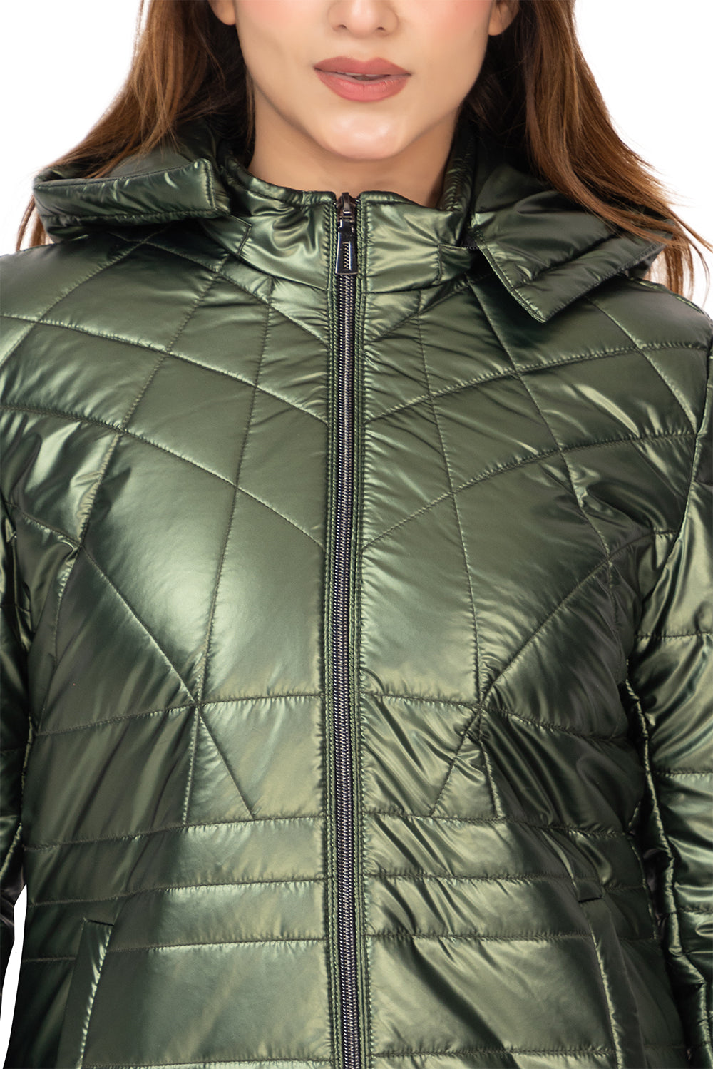 8053 Mettalic Green Zip-Front Jacket with Zipper Pocket Twenty Me