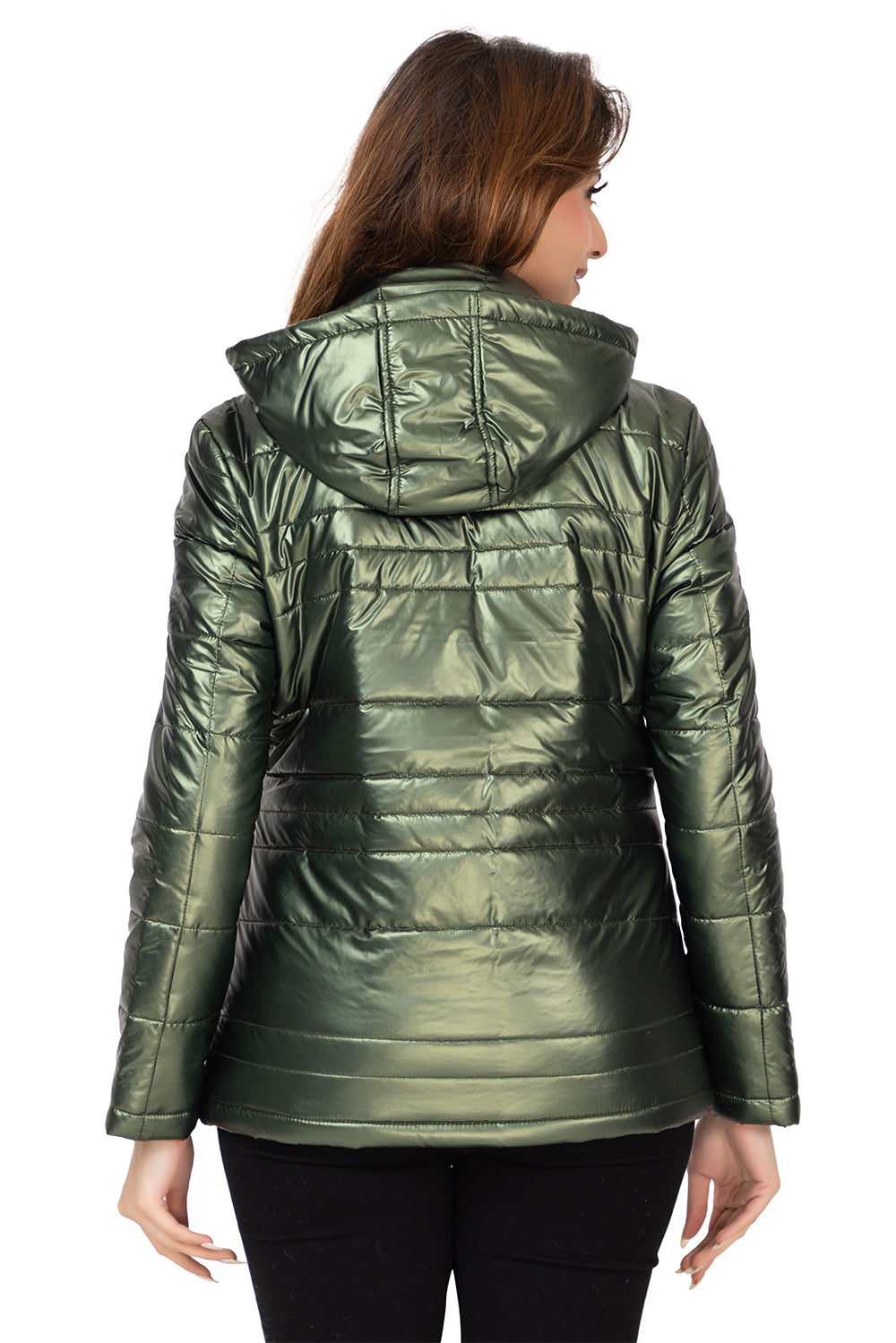 8053 Mettalic Green Zip-Front Jacket with Zipper Pocket Twenty Me