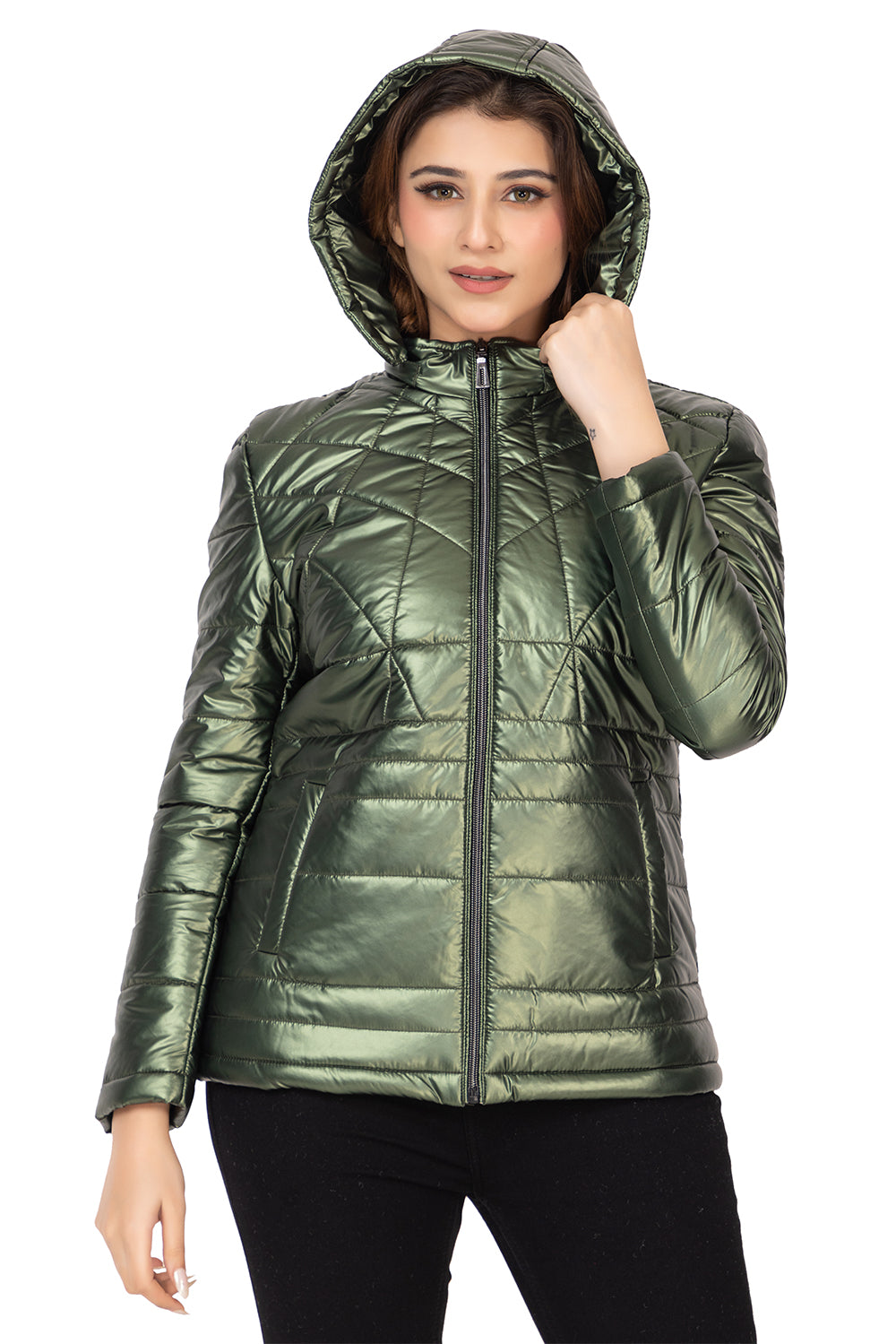 8053 Mettalic Green Zip-Front Jacket with Zipper Pocket Twenty Me